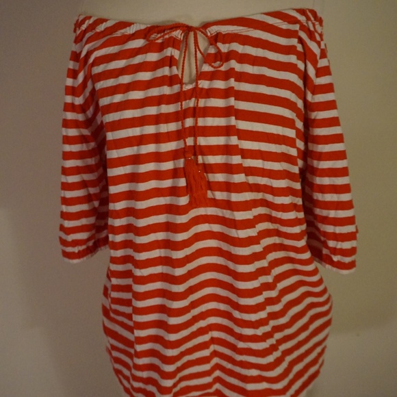 J. Crew Tops - **J. Crew off the shoulder red striped w/ tassle top**